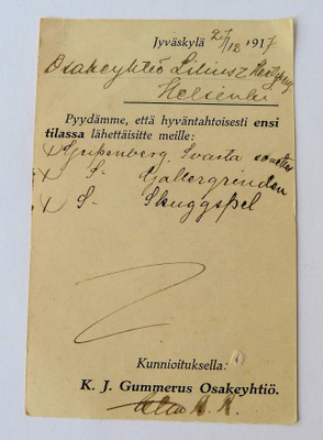 Kirjatilaus - K.J.Gummerus Osakeyhtiö Jyväslylä 27.10.1917