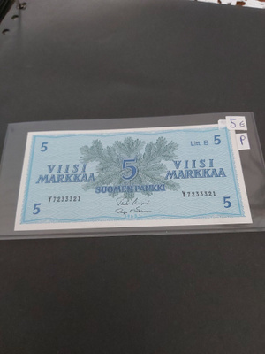 Pakka sileä 5mk Litt.B seteli 1963