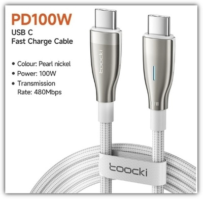USB C - USB C - valkoinen punottu PD 100W kaapeli /1m #28224