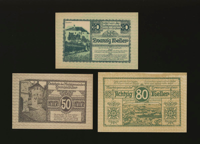 Itävalta Notgeld 20, 50, 80 Heller, Kremsmuenster
