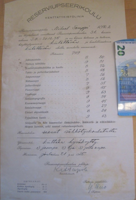 VANHA Todistus RUK 31 Kenttätykistölinja 1935