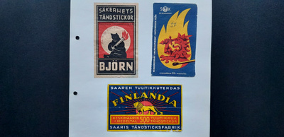 TT Tulitikkuetikettejä, isot n.6,5x10,5 cm vanhoja 3 kpl erä