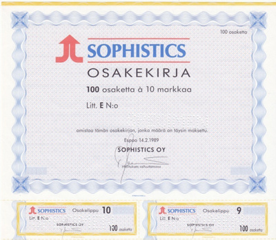 OKK 1989 Sophistic Oy spec, Espoo osakekirja