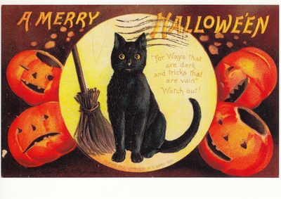 Halloween musta kissa, luuta, neljä kurpitsaa