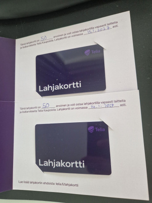 100€ Telia lahjakortit (2kpl 50€)