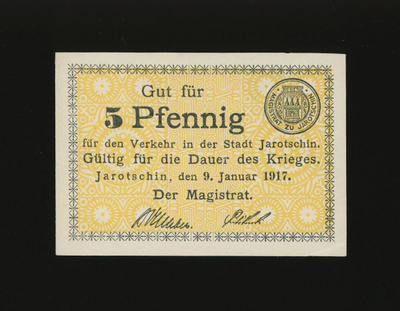 Saksa Notgeld 5 Pfennig, Jarotschin 9.1.1917