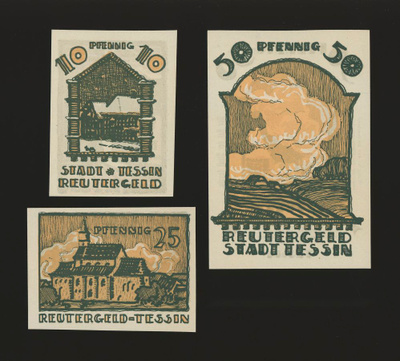 Saksa Notgeld 10, 25, 50 Pfg, Tessin 1922