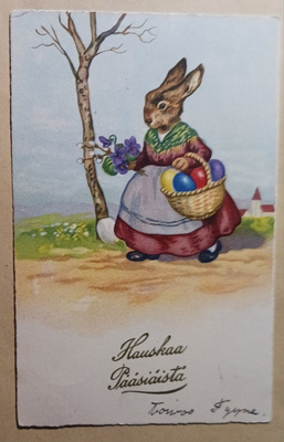 Pupuleidi kävelyllä munakorin ja orvokkikimpun kanssa, 1933