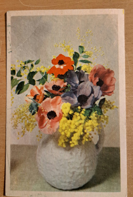 kukkakortti, kukkia maljakossa, kulkenut 1950