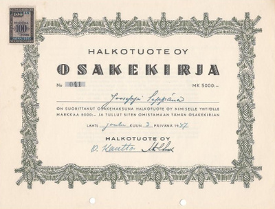 OKK 1947 Halkotuote Oy, Lahti osakekirja