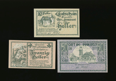 Itävalta Notgeld 10, 20, 50 Heller, Ort im Innkreis 1920