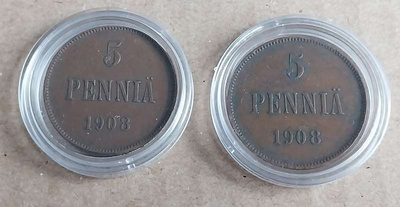5 penniä 1908 - 2 kpl