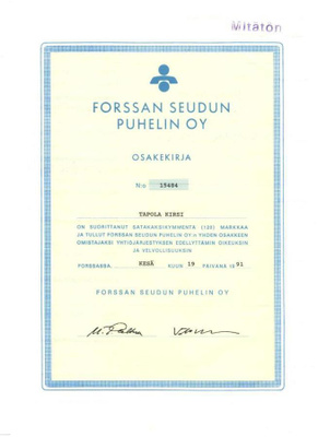 OKK 1991 Forssan Seudun Puhelin Oy, Forssa osakekirja