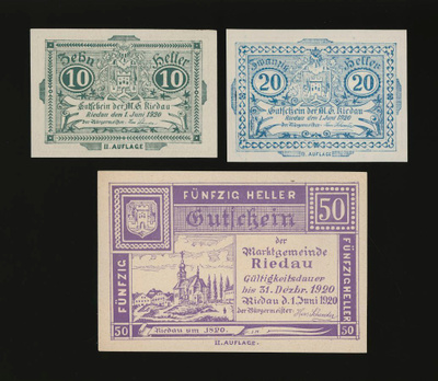Itävalta Notgeld 10, 20, 50 Heller, Riedau 1920