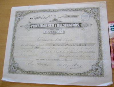 VANHA Osakekirja Privatbanken Helsingfors 1896/1917+Kupongit
