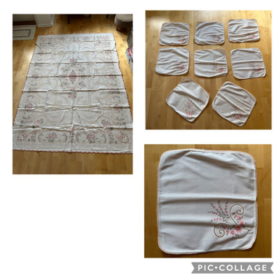Pöytäliina ( 150 x 210 cm ) ja 8 kpl pöytätabletteja