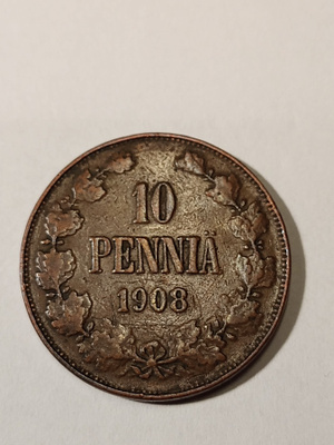 * 10  penniä * 1908 *  Copper/Kupari *1+