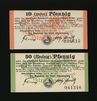 Saksa Notgeld 10, 50 Pfennig, Johannisburg 1917