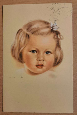 lapsi, tytön kasvokuva, kortti kulkenut 1948