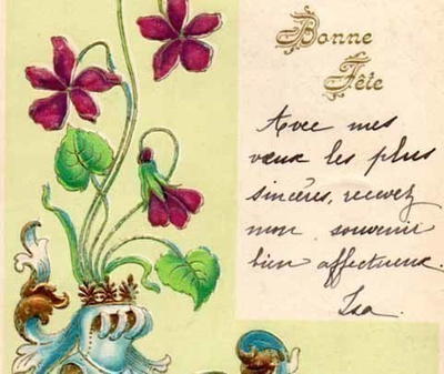 ANTIIIKKIKORTTI / Orvokkeja, kirjekyyhky ja kultaa. 1900-l.