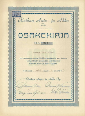 Kotkan Auto ja Akku 1000mk 1947 Kotka