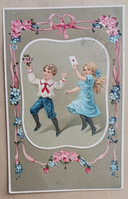 Lapset tuovat tanssien onnittelut, ympärillä kukkia, p. 1913