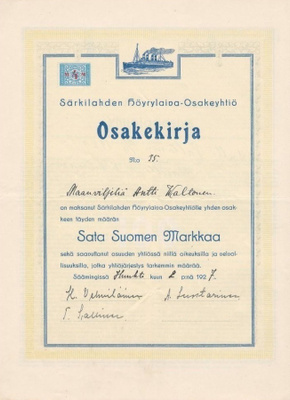 OKK 1927 Särkilahden Höyrylaiva Oy, Sääminki osakekirja