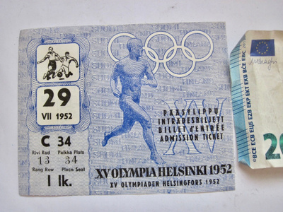 VANHA Pääsylippu Helsinki 1952 Olympia Jalkapallo 29.7.52