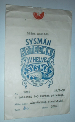 Apteekkiresepti / pulveripussi,Sysmän Apteekki V. Helve 1958