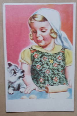 Tyttö leipoo koiranpennun katsellessa, ei p.