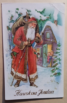 Joulupukki lahjojen kanssa,lapset kurkivat p. 1958 + Tubi-jm