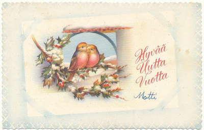 Linnut lumisella oksalla -vanha kortti