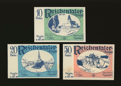 Itävalta Notgeld 10, 20, 50 Heller, Reichental 1920
