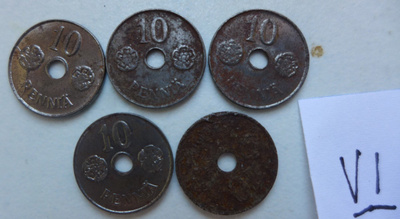 Raha Kolikko 10 Penniä v. 1943 sota 5kpl