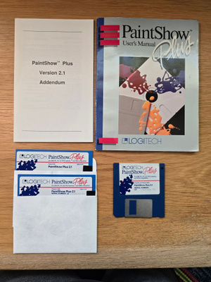 Logitech PaintShow Plus (1988) – ohjekirja + Addendum + levy