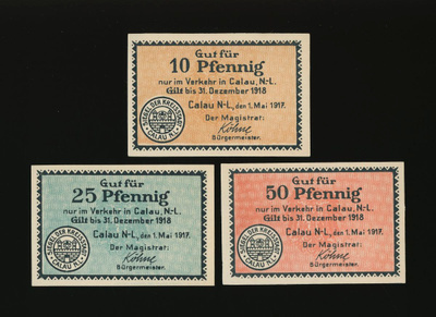 Saksa Notgeld 10, 20, 50 Pfennig, Calau 1.5.1917