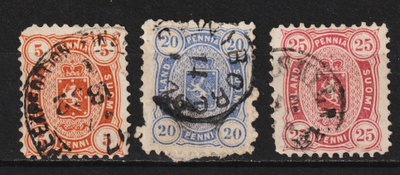 1875 5p, 20p ja 25p Senaatinpainon Vaakunamerkit leimattuina