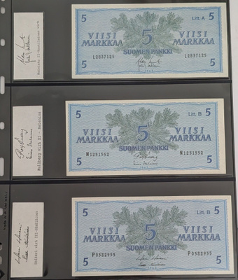 5 Markkaa 1963, virheellisyydet allekirjoituksissa, 3kpl