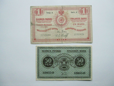 50 penniä 1918 ja 1 markka 1915
