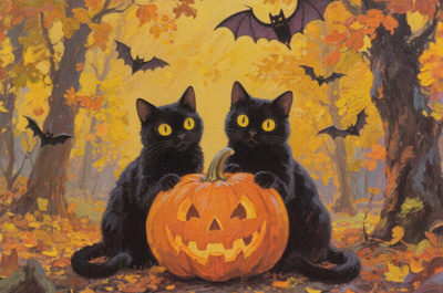 Halloween kaksi mustaa kissaa, kurpitsa