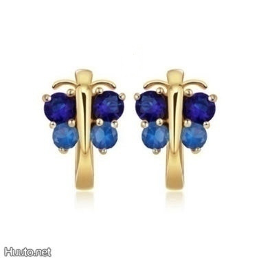 + 386 .. 9K Kulta Duble Blue Crystal Perhonen .. Korvakorut