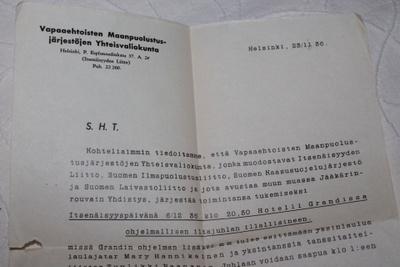 Kutsukirje + kutsukortti 23.11.1936 Itsenäisyyspäivän juhlaa