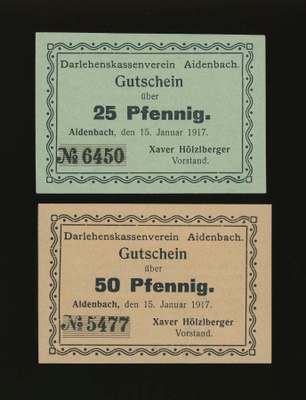 Saksa Notgeld 25, 50 Pfennig, Aidenbach 15.1.1917