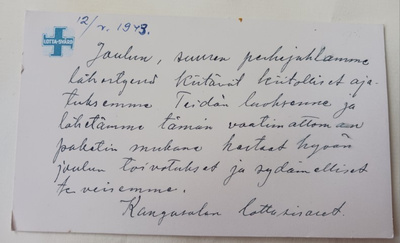 Lotta Svärd -järjestön viestikortti (+ järj. tunnus), 1943