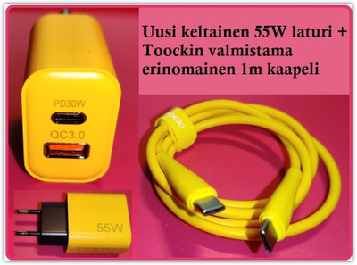 Uusi keltainen 55W pikalaturi & Toockin 1m kaapeli #28884
