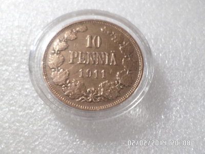 10 penniä 1911 Hienokuntoinen Pillerissä.