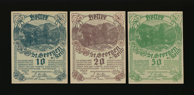 Itävalta Notgeld 10, 20, 50 Heller, St. Georgen 1920