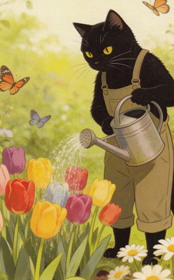 Musta kissa kastelee tulppaaneja