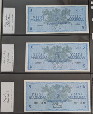 5 Markkaa 1963, virheellisyydet allekirjoituksissa, 3kpl