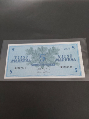 Pakka sileä 5mk Litt.B seteli 1963